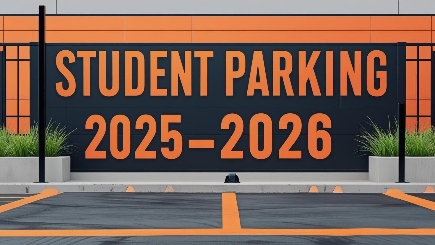student parking sign for 2025-2026 in orange and black, displayed on a fence